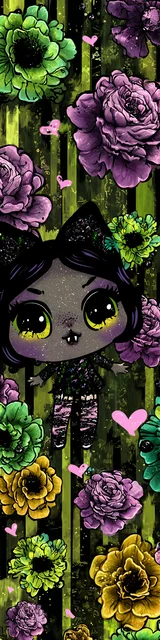 Free kawaii cats bookmark featuring a vampire cat with green stripes and many flowers